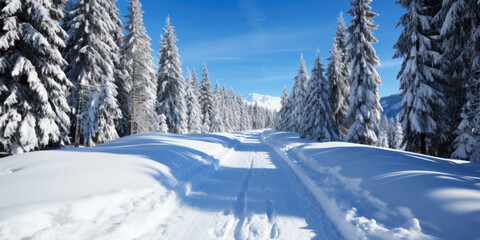 Fototapeta na wymiar winter landscape, snowy road going through a coniferous forest, bright sunny day, blue sky
