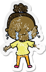 distressed sticker of a cartoon crying old lady