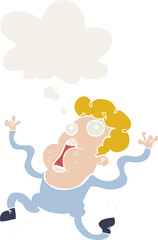 cartoon terrified man with thought bubble in retro style