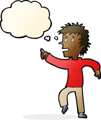 cartoon happy man pointing with thought bubble