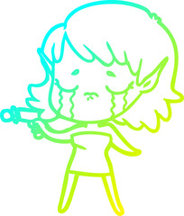 cold gradient line drawing of a cartoon crying elf girl