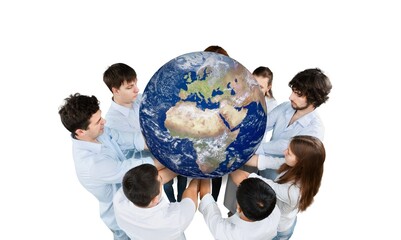 Many hands holding globe planet earth