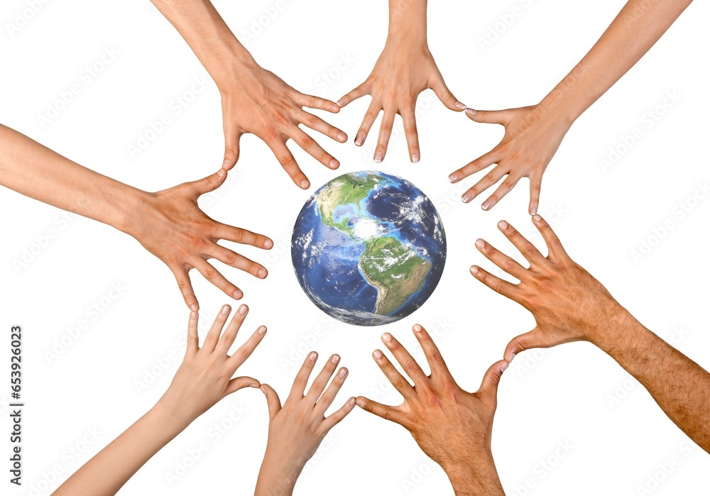 Poster Many hands holding globe planet earth