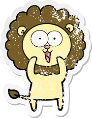 distressed sticker of a happy cartoon lion