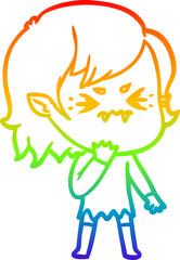 rainbow gradient line drawing of a annoyed cartoon vampire girl