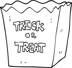 freehand drawn black and white cartoon trick or treat bag