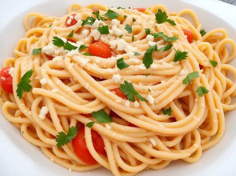 Un plato de pastas espaguetis. Vista de frente y de cerca. IA Generativa