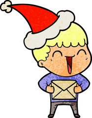 hand drawn textured cartoon of a happy man wearing santa hat