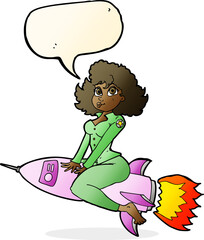 cartoon army pin up girl riding missile with speech bubble