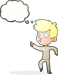 cartoon pointing boy with thought bubble
