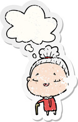cartoon old lady with thought bubble as a distressed worn sticker