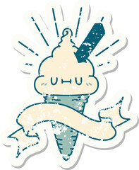 worn old sticker of a tattoo style ice cream character