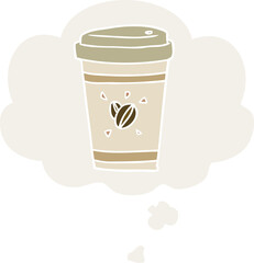 cartoon takeout coffee with thought bubble in retro style