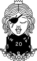 Black and White Tattoo linework Style human rogue with natural twenty dice roll