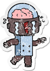 distressed sticker of a cartoon crying robot pointing