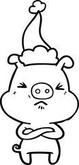 hand drawn line drawing of a angry pig wearing santa hat