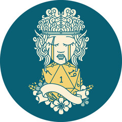 Retro Tattoo Style sad elf barbarian character face with natural one D20 roll