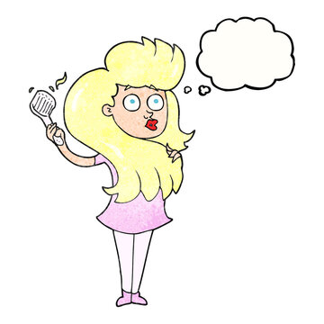 recommend clip art: freehand drawn thought bubble textured cartoon woman brushing hair