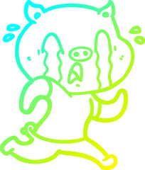 cold gradient line drawing of a crying pig cartoon