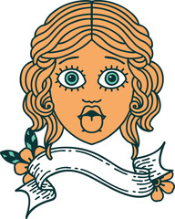 traditional tattoo with banner of female face sticking out tongue