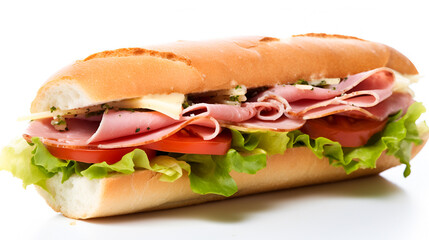 Sub sandwich. Sandwich with baguette lettuce, tomatoes, cucumbers, prosciutto, ham and cheese on a white background