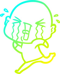 cold gradient line drawing of a cartoon crying bald man