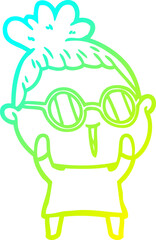 cold gradient line drawing of a cartoon woman wearing spectacles