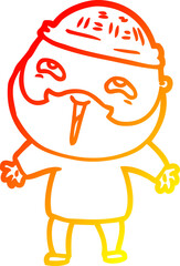 warm gradient line drawing of a cartoon happy bearded man