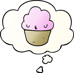 cartoon cupcake with face with thought bubble in smooth gradient style