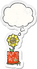 cute cartoon flower with thought bubble as a distressed worn sticker