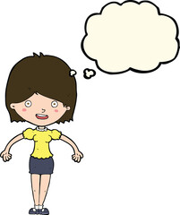 cartoon happy woman with thought bubble