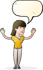cartoon woman throwing hands in air with speech bubble