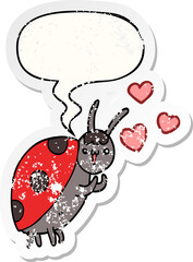 cute cartoon ladybug in love with speech bubble distressed distressed old sticker