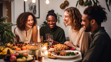Multiracial Happy people having dinner on Thanksgiving Day. 