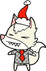 angry wolf boss hand drawn comic book style illustration of a wearing santa hat