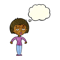 cartoon woman shrugging shoulders with thought bubble