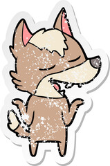 distressed sticker of a cartoon wolf laughing
