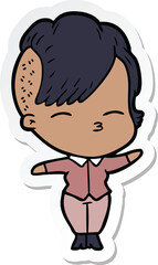 sticker of a cartoon squinting girl