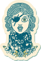 Retro Tattoo Style human rogue with natural twenty dice roll
