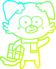 cold gradient line drawing of a nervous dog cartoon with gift