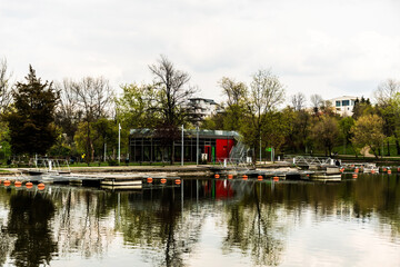The pontoon on the island in the Bordei park. Bucharest, Romania.