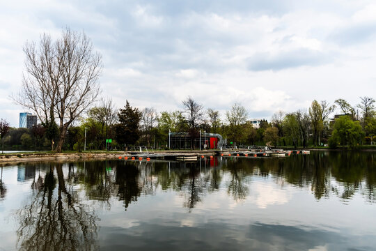 The pontoon on the island in the Bordei park. Bucharest, Romania.