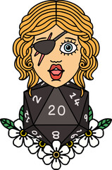Retro Tattoo Style human rogue with natural twenty dice roll