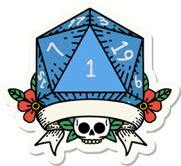 sticker of a natural one d20 dice roll