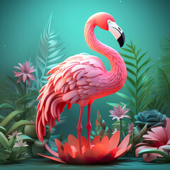 An elegant pink cartoon flamingo in a three-dimensional dimension. Pink flamingo in 3D in a charming and fun environment of this icon of nature.
