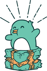 illustration of a traditional tattoo style penguin sitting on present