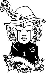 Black and White Tattoo linework Style crying human druid character with natural one D20 roll