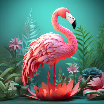 An elegant pink cartoon flamingo in a three-dimensional dimension. Pink flamingo in 3D in a charming and fun environment of this icon of nature. © Vagner Castro