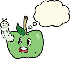 cartoon apple with bug with thought bubble