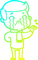 cold gradient line drawing of a cartoon man crying
